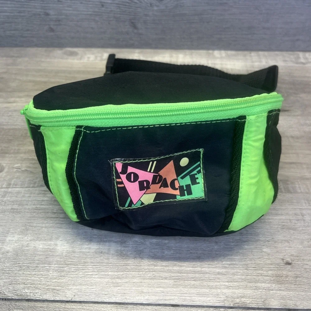 Jordache Waist Fanny Pack Belt Bag Black Neon Green Nylon Vintage 80s 90s